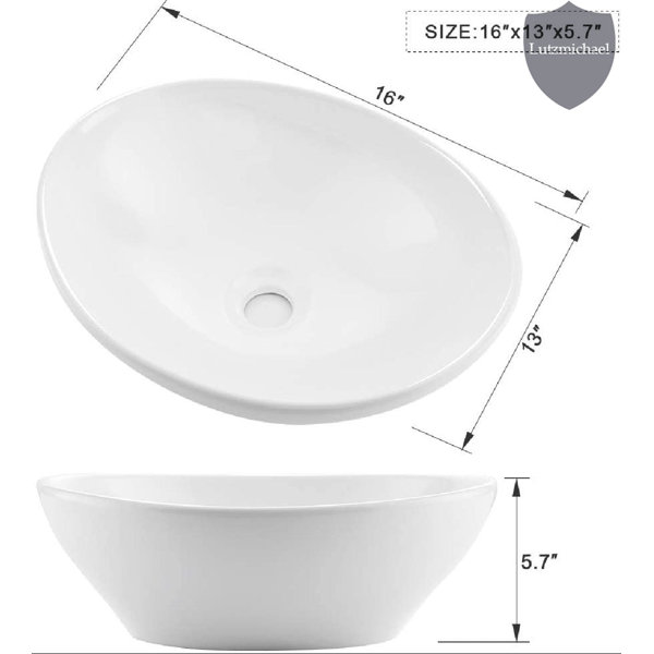 Menggutong 13'' White Ceramic Oval Vessel Bathroom Sink with Faucet